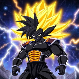 A formidable Black Saiyan in Super Saiyan form, exhibiting a powerful and dynamic stance