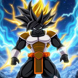 A formidable Black Saiyan in Super Saiyan form, exhibiting a powerful and dynamic stance