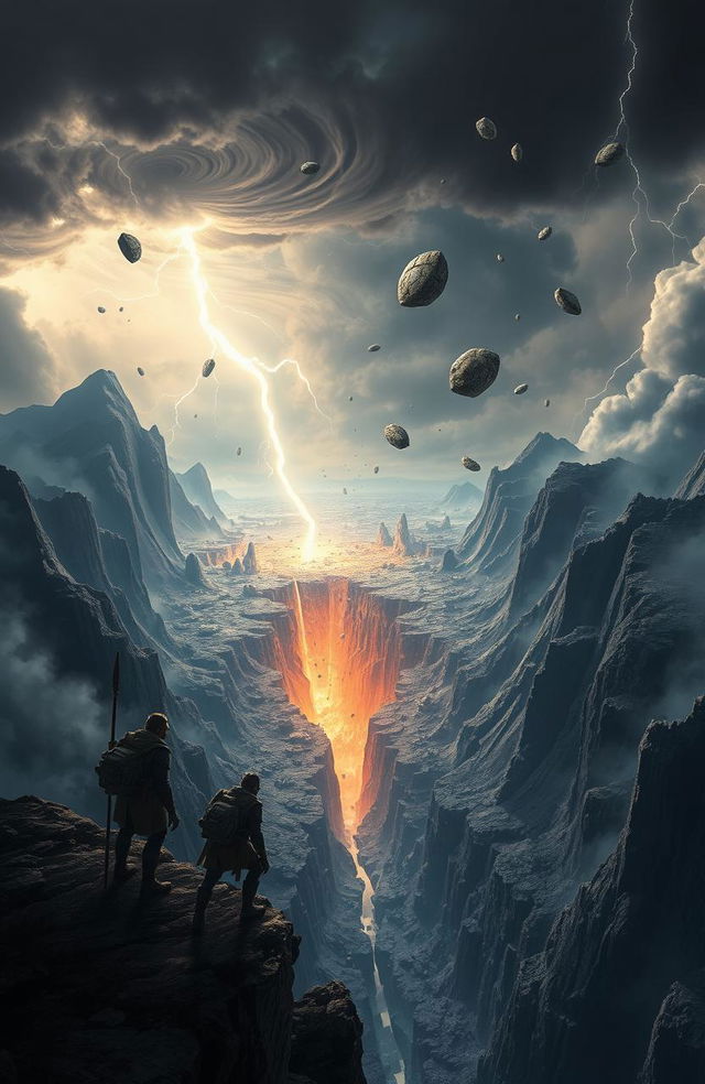 A dramatic scene depicting the moment of a world shattering, with a vast landscape breaking apart, massive cracks splitting the ground, and towering mountains crumbling