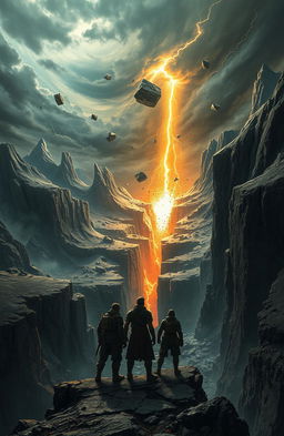A dramatic scene depicting the moment of a world shattering, with a vast landscape breaking apart, massive cracks splitting the ground, and towering mountains crumbling