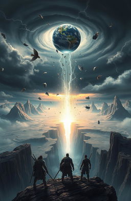 A dramatic scene depicting the moment of a world shattering, with a vast landscape breaking apart, massive cracks splitting the ground, and towering mountains crumbling