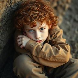 A young ginger boy with curly hair, showcasing his pale skin