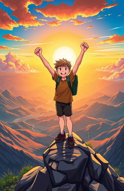 A vibrant and motivational scene depicting a determined person standing triumphantly at the summit of a mountain