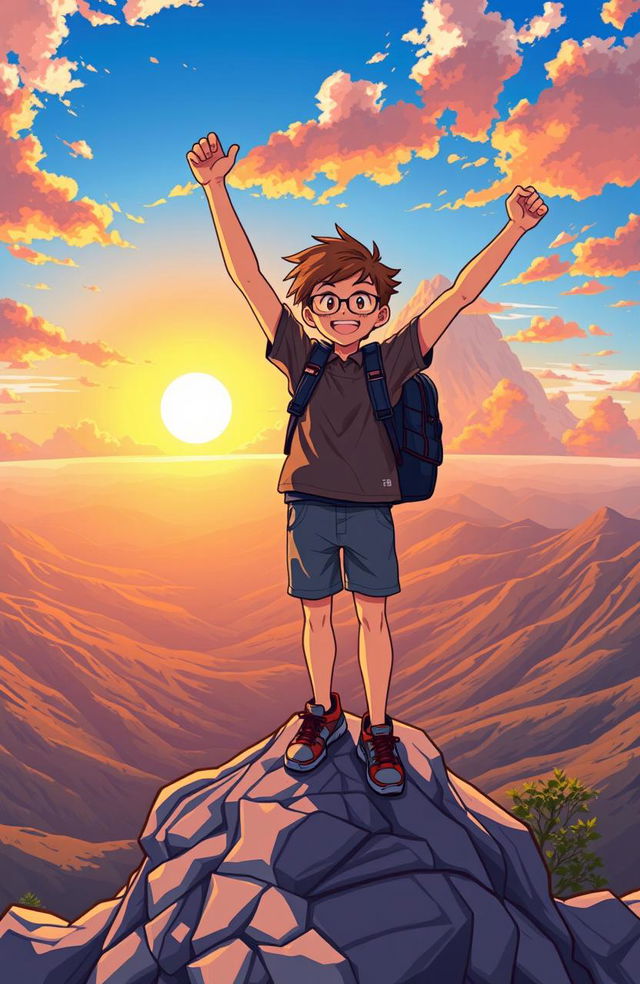 A vibrant and motivational scene depicting a determined person standing triumphantly at the summit of a mountain