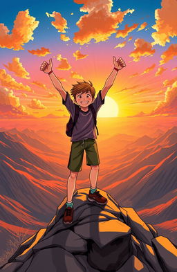 A vibrant and motivational scene depicting a determined person standing triumphantly at the summit of a mountain