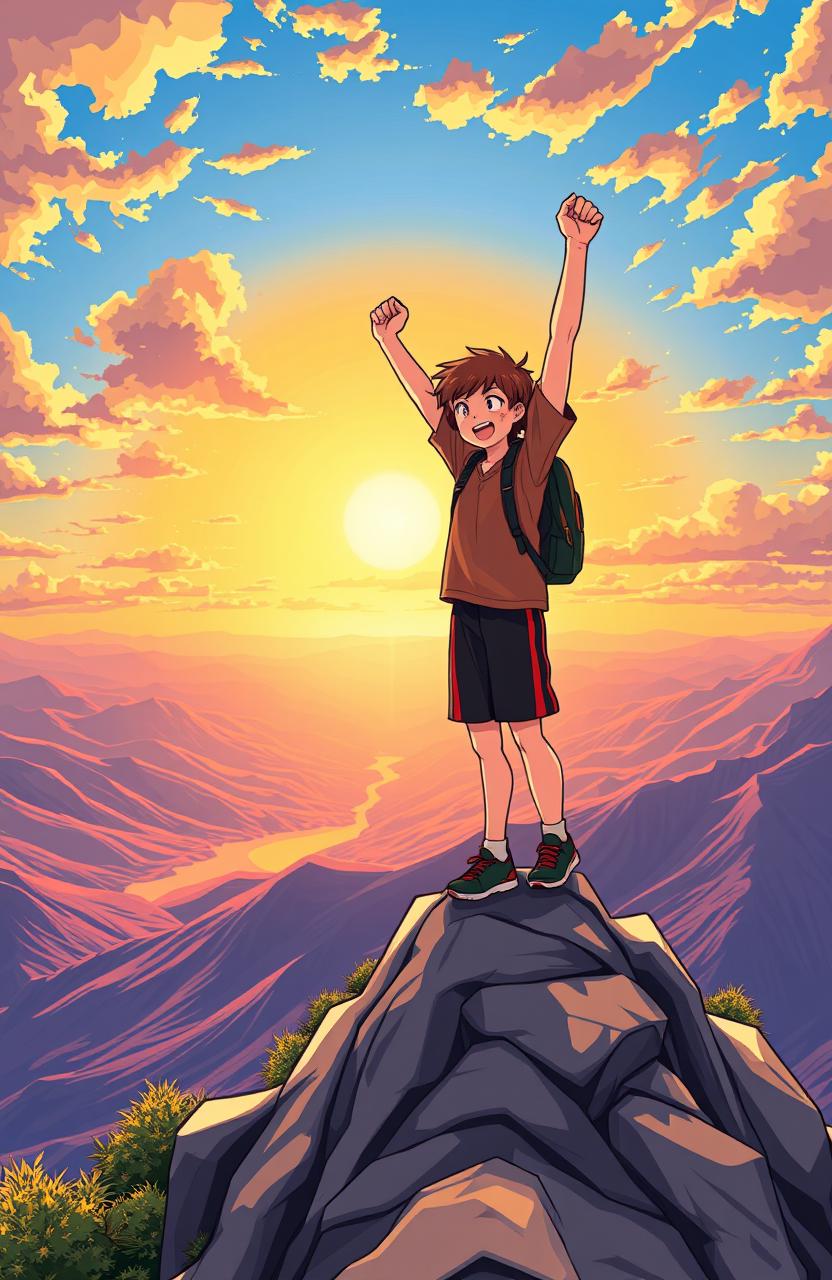 A vibrant and motivational scene depicting a determined person standing triumphantly at the summit of a mountain