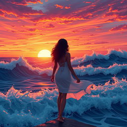 A captivating scene featuring wild waves crashing against the shore at sunset, where the sky is painted with vibrant shades of orange, pink, and purple