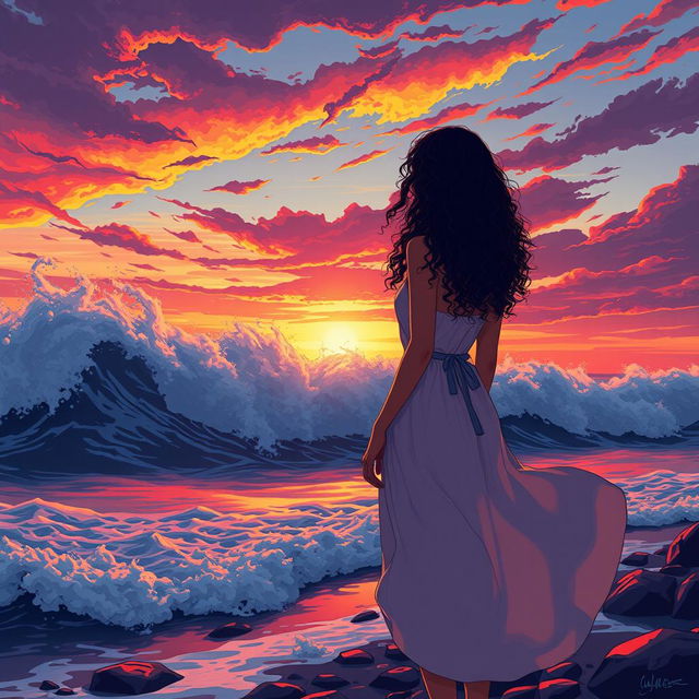 A captivating scene featuring wild waves crashing against the shore at sunset, where the sky is painted with vibrant shades of orange, pink, and purple