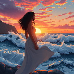 A captivating scene featuring wild waves crashing against the shore at sunset, where the sky is painted with vibrant shades of orange, pink, and purple