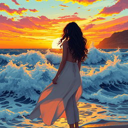 A captivating scene featuring wild waves crashing against the shore at sunset, where the sky is painted with vibrant shades of orange, pink, and purple