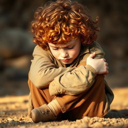 A young ginger boy with curly hair, displaying his pale skin