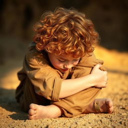 A young ginger boy with curly hair, displaying his pale skin
