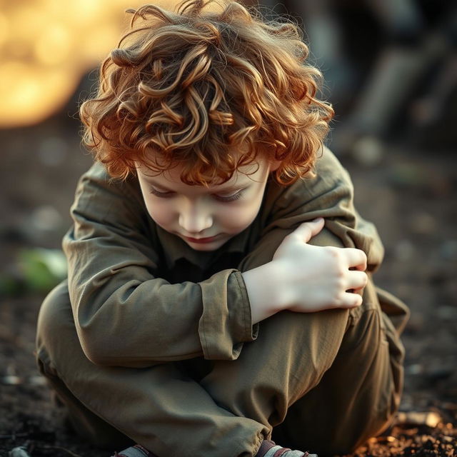 A young ginger boy with curly hair, displaying his pale skin