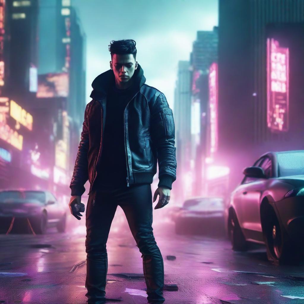 Produce a hyper-realistic, 4K image of a cool and handsome man in cyberpunk style engaged in a battle causing destruction in the cityscape