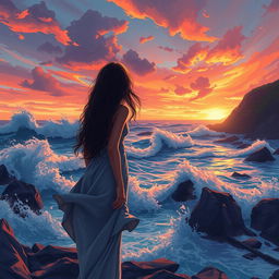 A striking scene showcasing wild waves crashing against the rocky shore at sunset, with the sky ablaze in hues of orange, pink, and purple