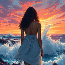 A striking scene showcasing wild waves crashing against the rocky shore at sunset, with the sky ablaze in hues of orange, pink, and purple