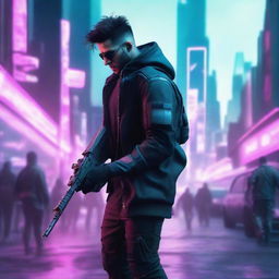 Produce a hyper-realistic, 4K image of a cool and handsome man in cyberpunk style engaged in a battle causing destruction in the cityscape