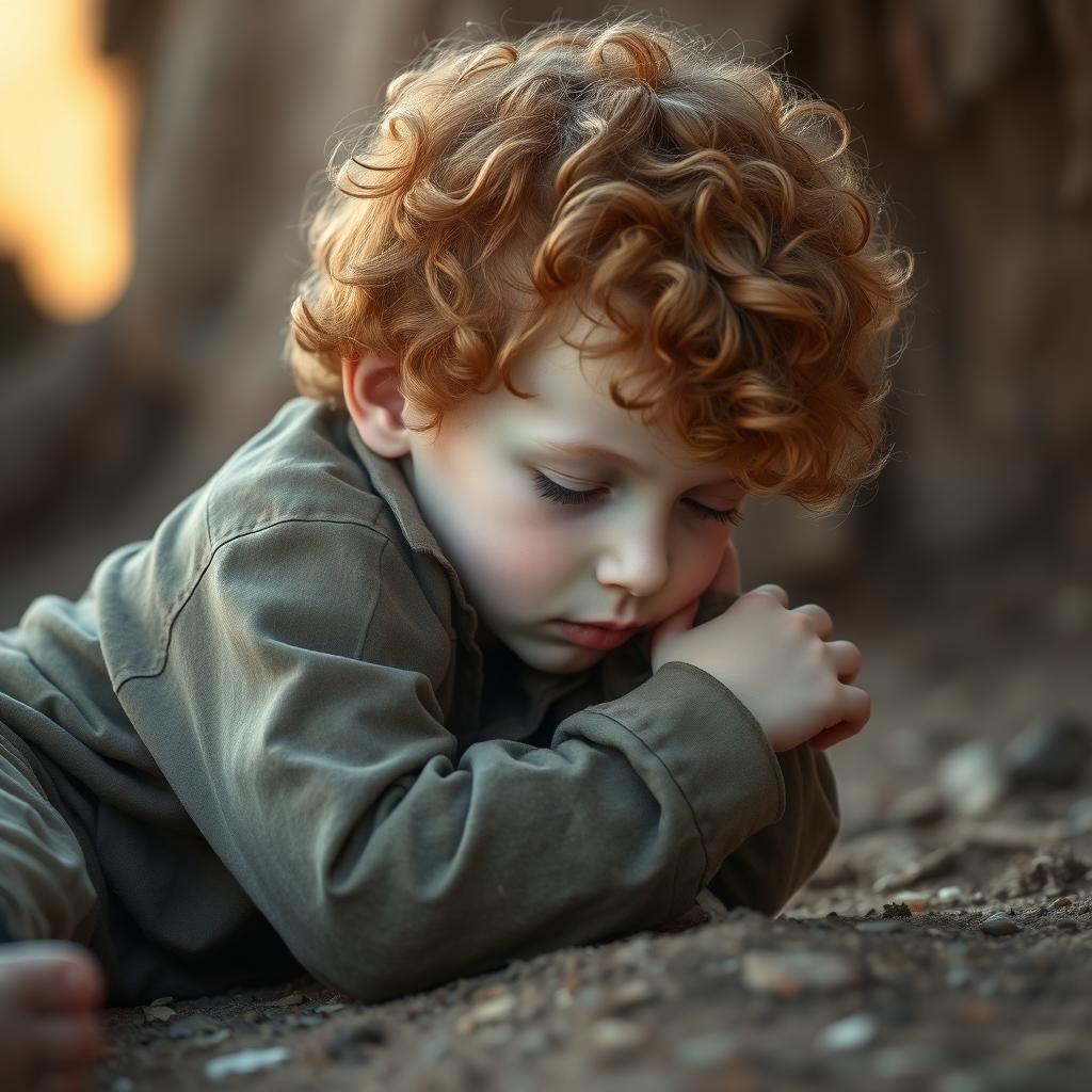 A young ginger boy with curly hair, characterized by his pale skin