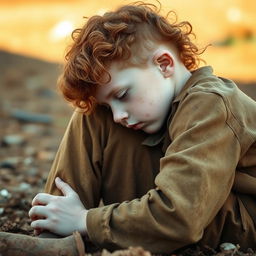 A young ginger boy with curly hair, characterized by his pale skin