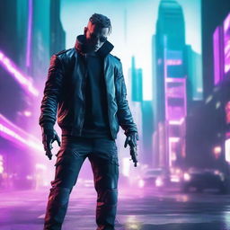 Produce a hyper-realistic, 4K image of a cool and handsome man in cyberpunk style engaged in a battle causing destruction in the cityscape