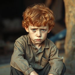 A young ginger boy with curly hair and pale skin, sitting down with a visibly sad expression