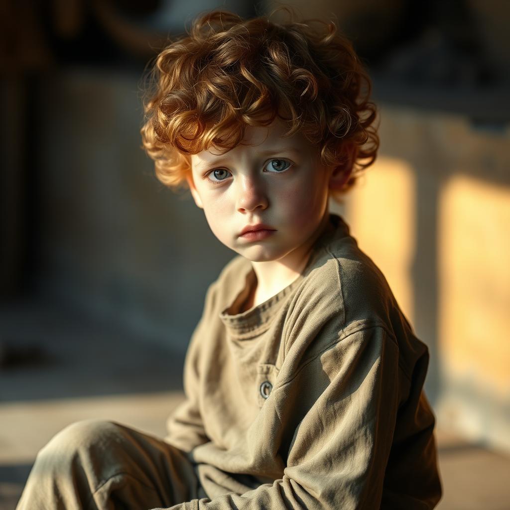 A young ginger boy with curly hair and pale skin, sitting down with a visibly sad expression