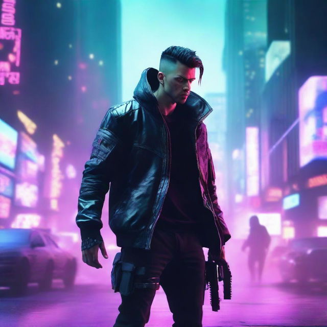 Produce a hyper-realistic, 4K image of a cool and handsome man in cyberpunk style engaged in a battle causing destruction in the cityscape