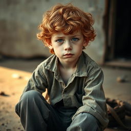 A young ginger boy with curly hair and pale skin, sitting down with a visibly sad expression