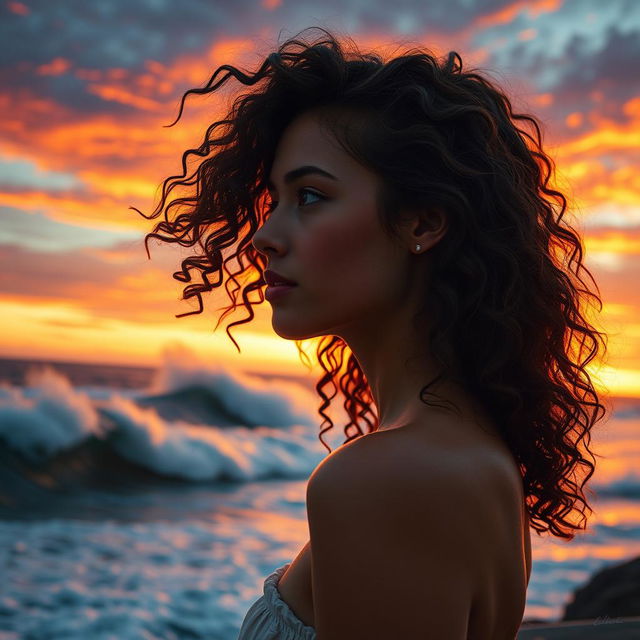 A stunning portrait capturing a slim 20-year-old woman with long, curly hair as she gazes at the breathtaking view of wild waves crashing against the shore at sunset