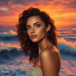 A stunning portrait capturing a slim 20-year-old woman with long, curly hair as she gazes at the breathtaking view of wild waves crashing against the shore at sunset