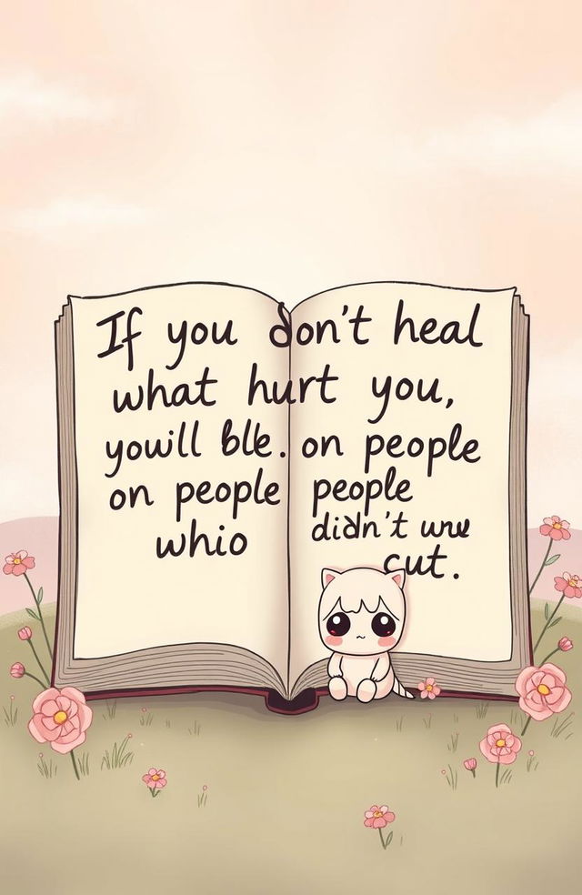 A poignant illustration featuring the quote "If you don’t heal what hurt you, you will bleed on people who didn’t cut you" artfully handwritten on an open book