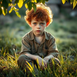 A young ginger boy with curly hair and pale skin, sitting down in a patch of grass with a sad expression on his face