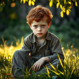 A young ginger boy with curly hair and pale skin, sitting down in a patch of grass with a sad expression on his face