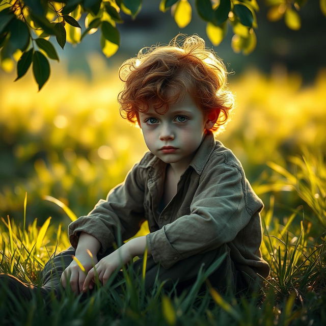 A young ginger boy with curly hair and pale skin, sitting down in a patch of grass with a sad expression on his face