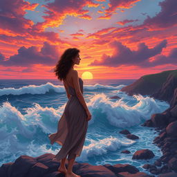 A breathtaking 16:9 scene of wild waves crashing against the rocky coastline during sunset, where the sky is ablaze with vibrant hues of orange, pink, and purple