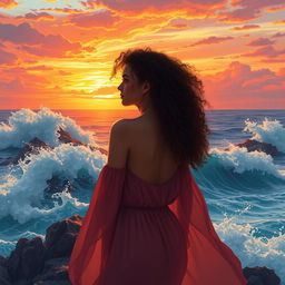 A breathtaking 16:9 scene of wild waves crashing against the rocky coastline during sunset, where the sky is ablaze with vibrant hues of orange, pink, and purple