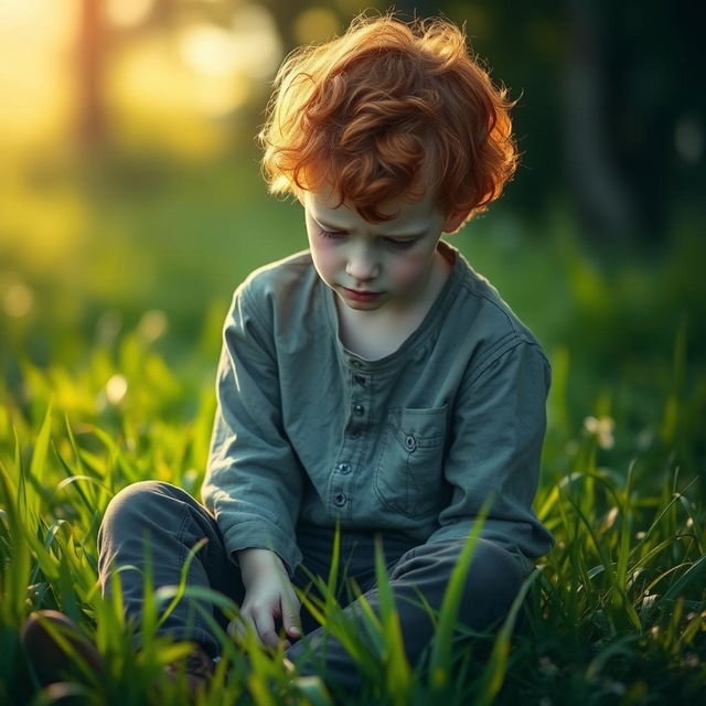 A young ginger boy with curly hair and pale skin, sitting down in lush green grass, looking sad with his head bowed down