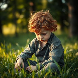 A young ginger boy with curly hair and pale skin, sitting down in lush green grass, looking sad with his head bowed down