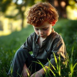 A young ginger boy with curly hair and pale skin, sitting down in lush green grass, looking sad with his head bowed down