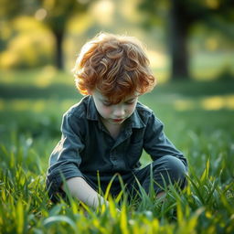 A young ginger boy with curly hair and pale skin, sitting down in lush green grass, looking sad with his head bowed down