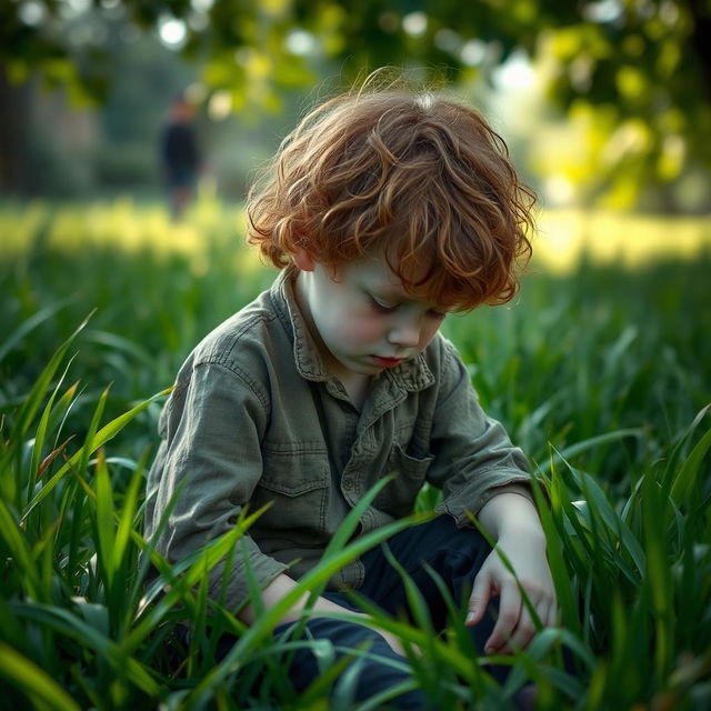 A young ginger boy with curly hair and pale skin, sitting down in lush green grass, looking sad with his head bowed down