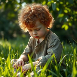 A young ginger boy with curly hair and pale skin, sitting down in lush green grass, looking sad with his head bowed down