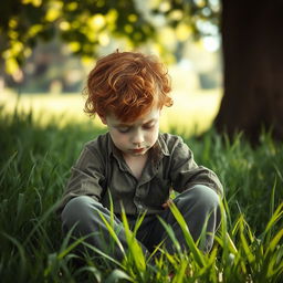 A young ginger boy with curly hair and pale skin, sitting down in lush green grass, looking sad with his head bowed down