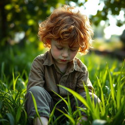 A young ginger boy with curly hair and pale skin, sitting down in lush green grass, looking sad with his head bowed down