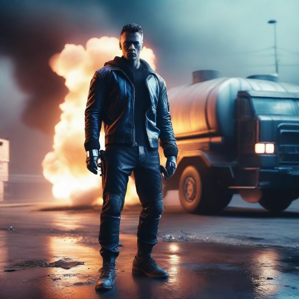 Craft a hyper-realistic, 4K image of a cool, handsome man in cyberpunk attire, fighting intensely against the backdrop of an exploding gas tank truck