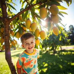 A cheerful young boy playing under a mango tree, with ripe mangoes hanging from the branches