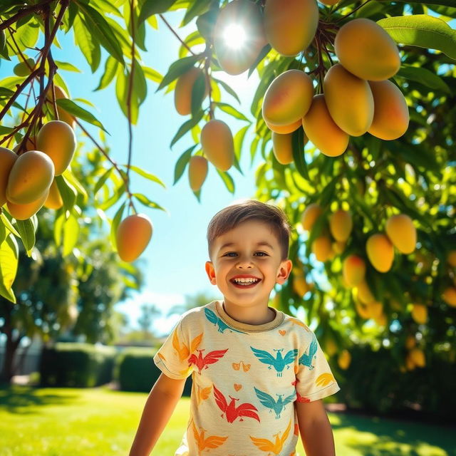 A cheerful young boy playing under a mango tree, with ripe mangoes hanging from the branches