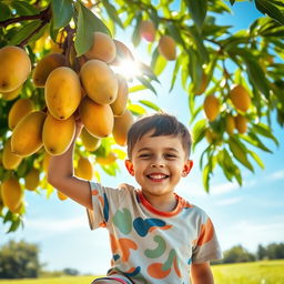 A cheerful young boy playing under a mango tree, with ripe mangoes hanging from the branches