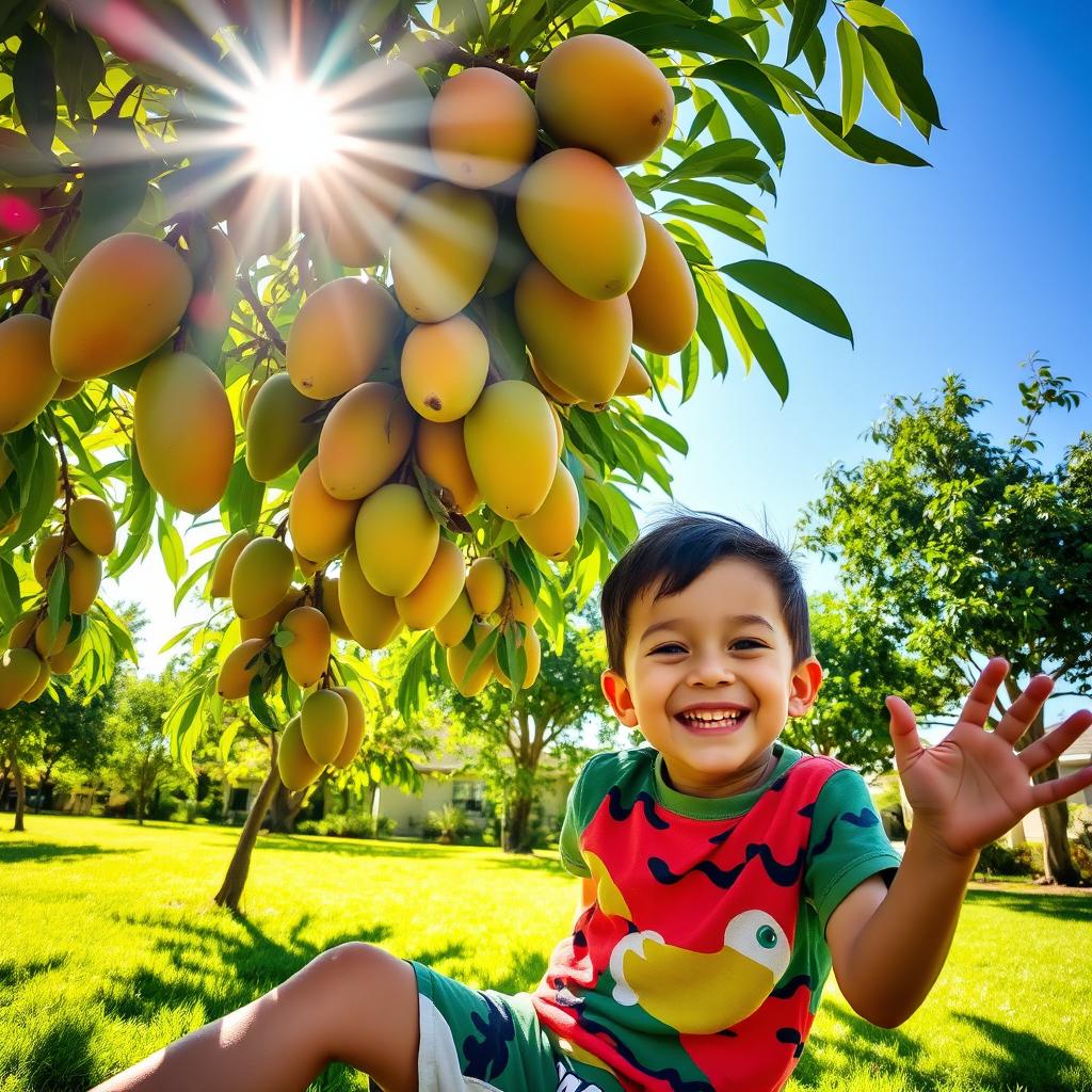 A cheerful young boy playing under a mango tree, with ripe mangoes hanging from the branches