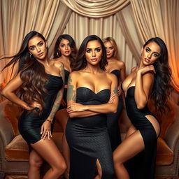 A group of confident and beautiful women in a glamorous setting, posing artfully and tastefully